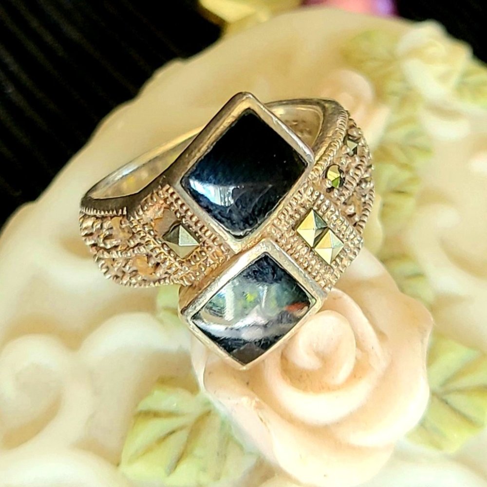 Vintage - Sterling Silver & Black Onyx & Marcasite Ring - Size 6.5-Signed 925 - Picture 1 of 9